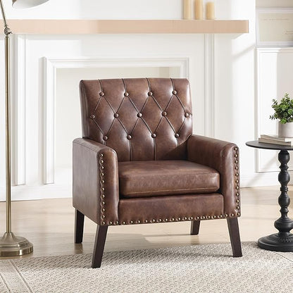 Mid Century Modern Accent Chair, Dark Brown Faux Leather Office Chair for Reception - Brown Leather Club Chair for Living Room, Bedroom, or Waiting Room