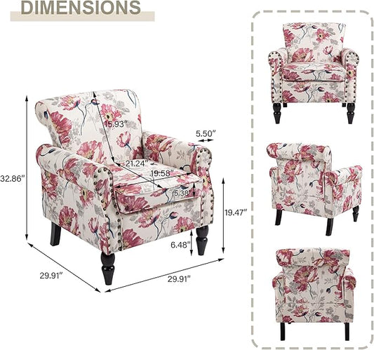 Accent Chair, Upholstered High Back Floral Armchair with Nailhead Trim & Wood Legs, Comfy Wingback Reading Single Sofa Chair for Small Spaces, Living Room, Bedroom-White Floral, Set of 1