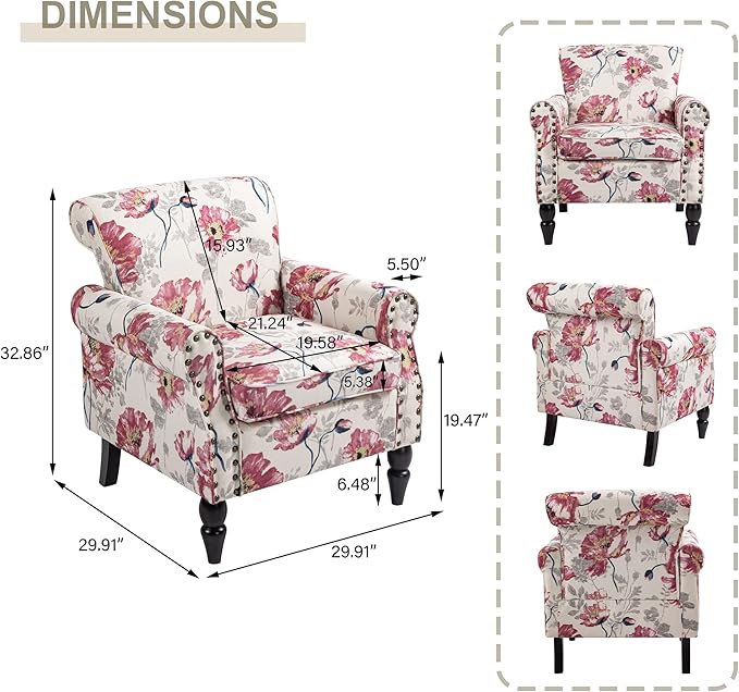 Accent Chair, Upholstered High Back Floral Armchair with Nailhead Trim & Wood Legs, Comfy Wingback Reading Single Sofa Chair for Small Spaces, Living Room, Bedroom (White Floral, Set of 2)