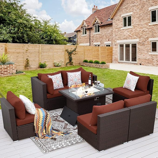 NICESOUL 7 Piece Modular Outdoor Furniture Set with Firepit Natural Gas&Propane, 29.3'' High Back L-Shaped 6-Seater Patio Wicker Sectional Sofa Couch Sets for Tall People, Brown Rattan and Red Cushion
