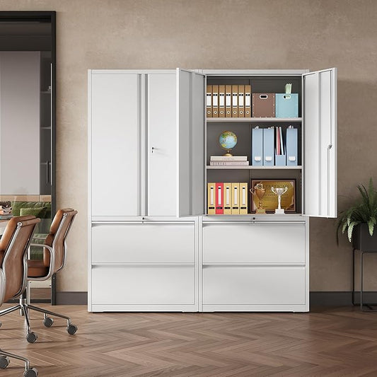 DEVAISE 71" Metal Storage Cabinet, 2-Drawer Lateral File Cabinet, Adjustable Shelves & Doors, White Garage Storage Cabinet, Heavy Duty Tall Cabinet for Home Office, Garage Organization