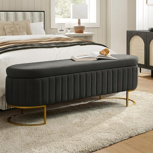 EcoHarbor Living 55.5" Storage Bench Ottoman End of Bed Bench Bedroom Bench, Upholstered Velvet Long Window Bench Large King Size with Gold Legs, Flipping Lid Entryway Footrest (Grey)