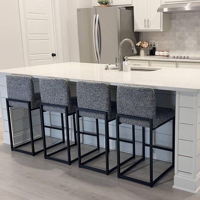 ALPHA HOME 24" Bar Stools Set of 4 Kitchen Counter Stools with Back, Counter Height Stools with Upholstered Footrest for Kitchen Island, Metal Steel Frame, Chenille, Gray