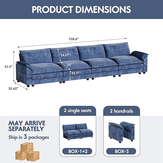 Homall 159" Modular Sectional Sofa, Linear Sofa Couch with Double-Layer Cushion, DIY Combination Chenille Deep 4-Seat Cloud Couch for Living Room, Apartment (Dark Blue, Linear Sofa)