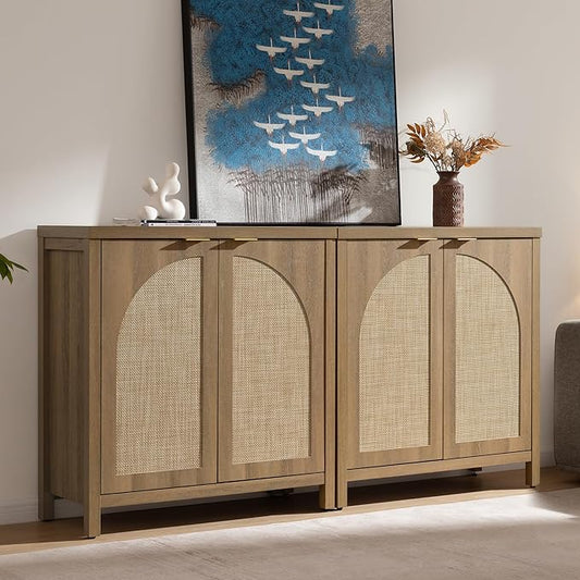 SICOTAS 68" W Rattan Sideboard Buffet Cabinet with Storage Set of 2, Mid Century Modern Credenza with Arch Doors & Shelves Farmhouse Coffee Bar Media Console Cabinets for Living Room, Entryway