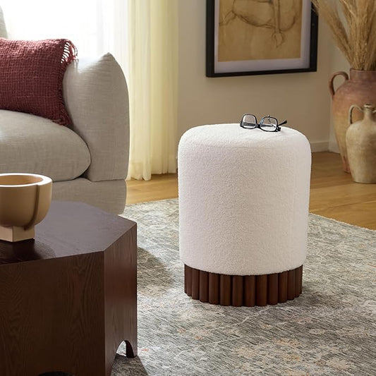 SAFAVIEH Home Collection - Cerna Off-White Ottoman with Dark Brown Solid Wood Base, Modern Round Accent Seat, Fully Assembled (OTT3402A)