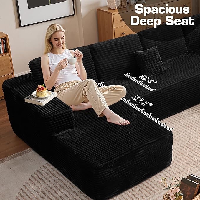 135.4'' U Shaped Sectional Couches for Living Room, Large Boneless Cloud Couch, Modern Modular Sofa Deep Seat Plush Corduroy, No Assembly Required,Plush Corduroy,Black