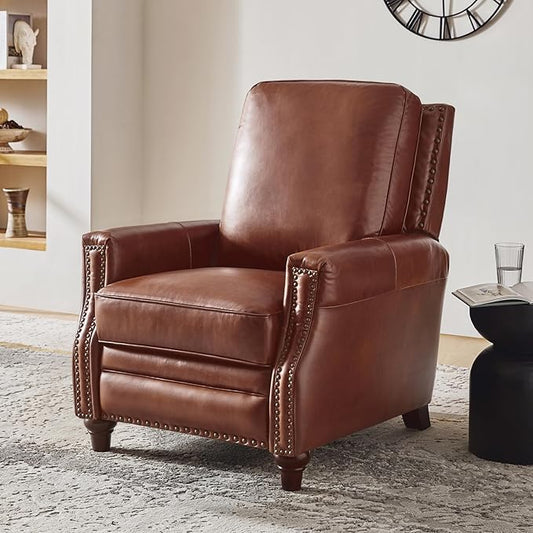HULALA HOME Genuine Leather Manual Recliner Chair,Classic Push Back Reclining Armchair Sofa with Thick Seat, Adjustable Backrest & Nailhead Trim for Living Room Home Theater (Brown)