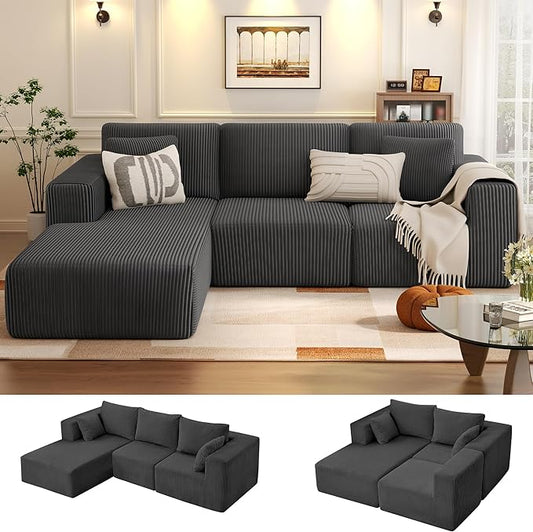KINGYES 107'' Modular Sectional Sofa, L Shaped Cloud Couch for Living Room, Modern Boneless Sofa with Chaise for Bedroom, Gray