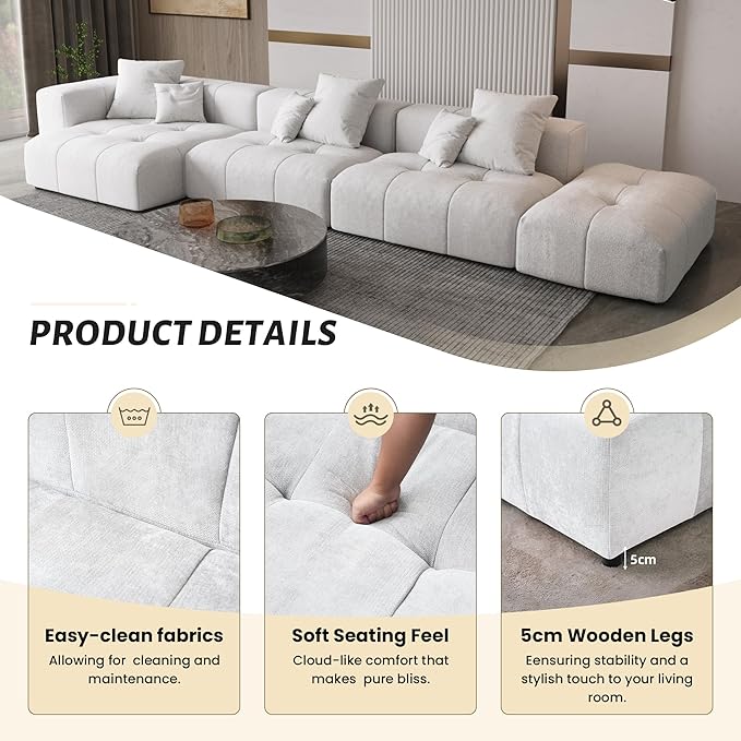 WJShome 144" Sectional Couches for Living Room,Modular Sectional Sofa, U Shaped Couch, Linen Deep Seat Cloud Couches with Pillow for Living Room,White
