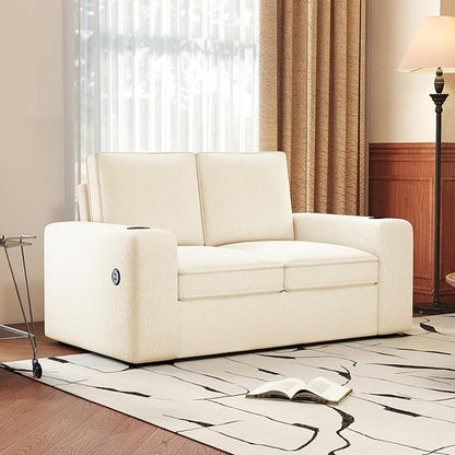 Furnimart 3-Seater Living Room Set Teddy Fabric, 58" Wide Loveseat & Accent Chair with USB Chargers, Cup Holders & High-Density Foam, Modern Sofa & Armchair Set for Apartment, Living Room(2 Colors)
