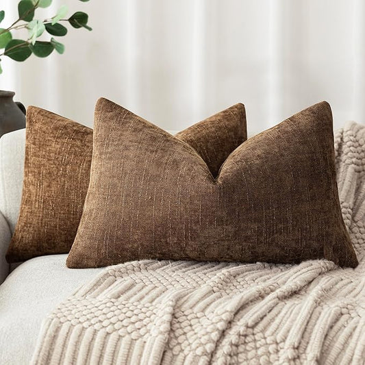 Foindtower Set of 2 Textured Chenille Throw Decorative Pillow Covers Square Accent Solid Cushion Cover Neutral Farmhouse Lumbar Pillow Case for Couch Sofa Bedroom Living Room 12x24 Inch,Dark Bronze