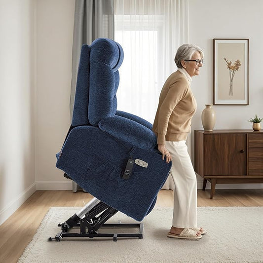 MCombo Oversized Power Lift Recliner Chair with Extended Footrest for Elderly People, Fabric R7289 (Navy Blue, Medium-Oversize)