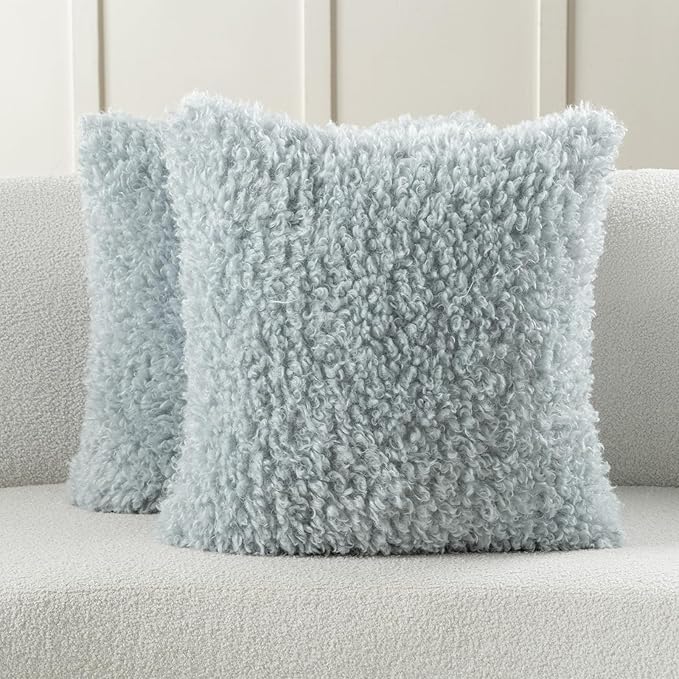 FUTEI Light Blue Decorative Throw Pillow Covers 20x20 Inch Set of 2,Soft Fluffy Faux Wool Fur Boucle Textured Cushion Case,Modern Home Decor for Couch Bed Living Room Office