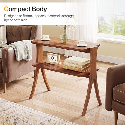 Tribesigns Walnut Side Table Set of 2, Narrow End Table with 2-Tier Storage Shelf and Solid Wood Legs, Slim Modern Bedside Table Nightstand for Living Room, Bedroom, Small Spaces (2)