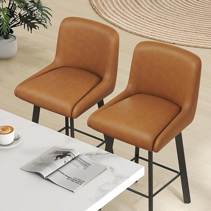 Swivel Counter Height Bar Stools Set of 4, 26''H Upholstered Barstools with Backs, Modern Bar Stool Chairs for Kitchen Island, Metal Legs, Faux Leather, Whiskey Brown Stools Counter Chair