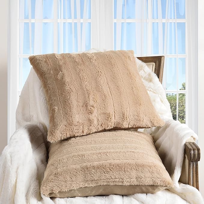 Cheer Collection Faux Fur Throw Pillows - Decorative Pillows for Couch, Bed Throw Pillows, Sand Accent Pillows for Bedroom or Living Room Aesthetic, Set of 2 Furry Throw Pillows, 24" x 24"