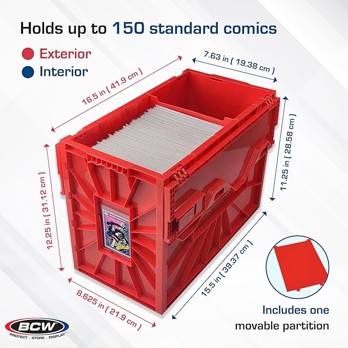 BCW Short Comic Book Bin | Holds 150 Comics | Stackable Plastic Storage | Acid-Free Organizer | Red, 2 Pack