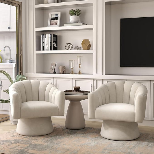 Swivel Accent Chair Set of 2, Upholstered Velvet 360° Swivel Barrel Chair for Living Room Overstuffed Bouncle Reading Chair Round Armchair for Bedroom,Vanity,Office (Beige)
