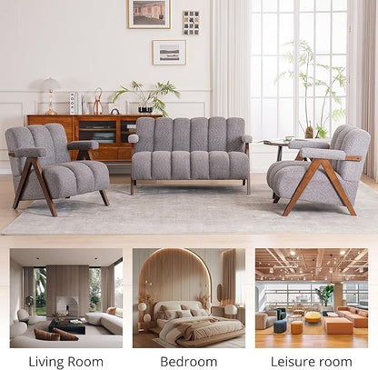 Mid Century Modern Accent Chair Loveseat Sofa with Solid Wood Frame, Boucle Upholstered Living Room Chairs with Thick Cushion, Comfy Tufted Arm Chair for Bedroom, Grey