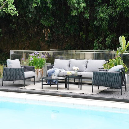 Grand patio 5-Piece Outdoor Furniture Set, Outdoor Sofa Set with 2 Round Side Tables, Modern Metal Patio Couch with Thick Waterproof Cushions for Porch Deck Backyard, Dark Grey
