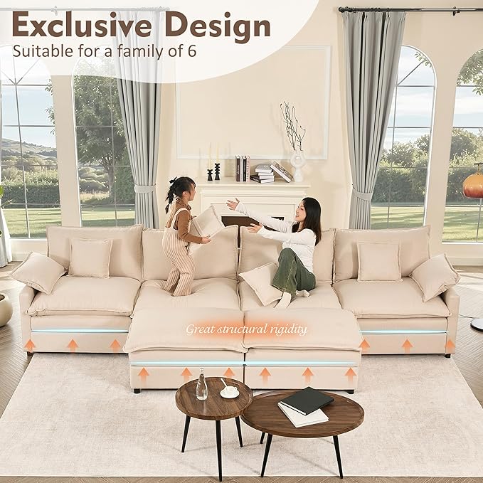 142.5" U Shaped Couch, Modular Sectional Sofa, 3-Seater Comfy Cloud Couch with Movable Ottoman, Deep Seat Couches for Living Room, Linen, Beige