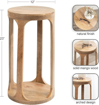 Kate and Laurel Dahl Wooden Round Drink Table; 12 x 23; Natural Brown; Transitional Boho Circle Wood Accent Pedestal Table for Living Room Plant Stand or Small Bedroom Nightstand