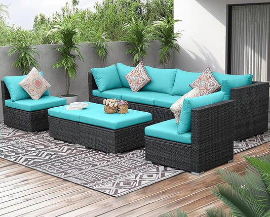 NICESOUL 8 People Outdoor Seating Furniture, 29.3'' High Back Comfortable Wicker Patio Sectional Sofas with Ottoman, Deep Seats Oversized Conversations for Exteriors, 2 Color Cushion Turquoise & Gray