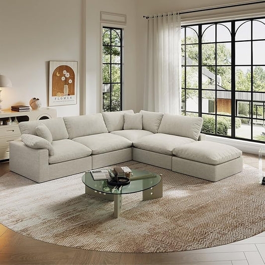 Cloud Modular Sectional Sofa,143" Down Filled Sofa 4 Seat with Chaise,Minimalist Sofa Cover Washable and Replaceable Couches for Living Room,Sectional Sofa Deep Seat