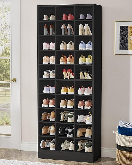 Tribesigns 10-Tier Shoe Storage Cabinet, Black Wooden Shoe Rack with 30 Cubbies, Freestanding Tall Entryway Shoe Organizer for Closet, Entryway, Living Room