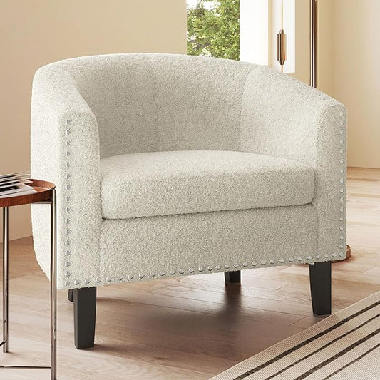 BELLEZE Living Room Chair, Upholstered Accent Chair, Barrel Club Chair with Silver Nail Head Trim & Black Legs, for Living Room Bedroom Reception Room- Kyara (White/Polyester)