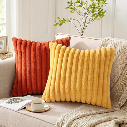 Pallene Faux Fur Plush Throw Pillow Covers 20x20 Set of 2, Luxury Soft Fluffy Striped Decorative Pillow Covers for Sofa, Couch, Living Room, Mustard Yellow