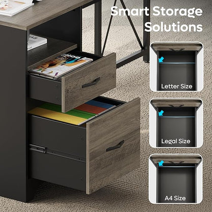 Bestier L Shaped Desk with File Drawers, 63" x 47" Office Computer Desk with Storage Cabinet, Corner Desk with Monitor Stand & Modesty Panel for Home Office, Gray