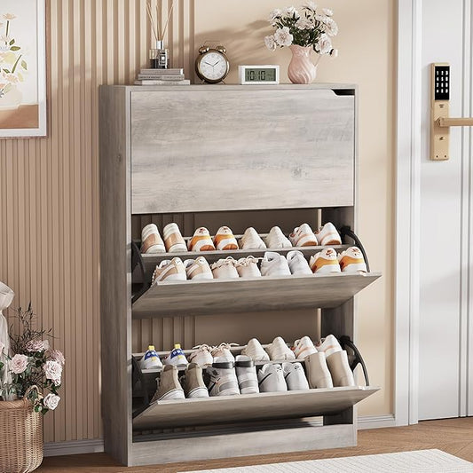 Shoe Storage Cabinet, Wood Shoe Organizer for Entryway with 3 Flip Drawers, Freestanding Shoe Rack with Adjustable Shelf, Narrow Shoe Dresser for Front Door Entrance(Grey, 47.2" x 31.5" x 9.25")