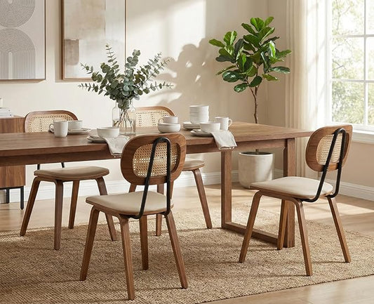 Mid-Century Dining Chairs Set of 4, PU Leather Kitchen Chairs with Rattan Backrest Wooden Legs Armless Design for Dining Room Living Room, Beige