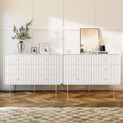 HLR White Dresser for Bedroom,48'' Wide Wood Chests of Drawers,Modern Fluted 6 Drawer Dresser with Gold Metal Handles,Clothes Deep Drawer Dressers Storage for Living Room,Hallway