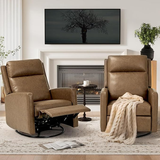 COLAMY Recliner Chair Set of 2, PU Leather 360° Swivel Rocker Recliner, Nursery Glider Recliner with Ergonomic High Backrest and Upholstered Deep Seat for Living Room, Bedroom, Color Brown