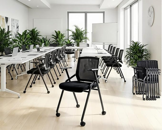 40 Pack Stackable Conference Room Chairs with Paddle Folding Office Chair Foldable Desk Chair Mesh Back and Arms for Conference Meeting Guest Reception Home Office Training Room Chair Black