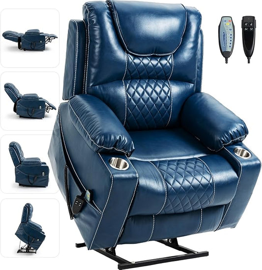Large Power Lift Chairs Recliners for Elderly with Heated and Massage, Upgraded Dual Motor Lay Flat Recliners, 25in Extra Wide Seat, Cup Holder, Side Pocket