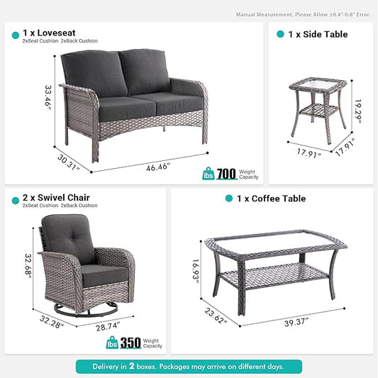 5 PCS Patio Outdoor Furniture Set with Swivel Rocking Chairs,All Weather Wicker Rattan Patio Seating Sofa and Chairs Set,Outdoor Conversaiton Sets for Deck Yard Prrch Garden Poolside,Black