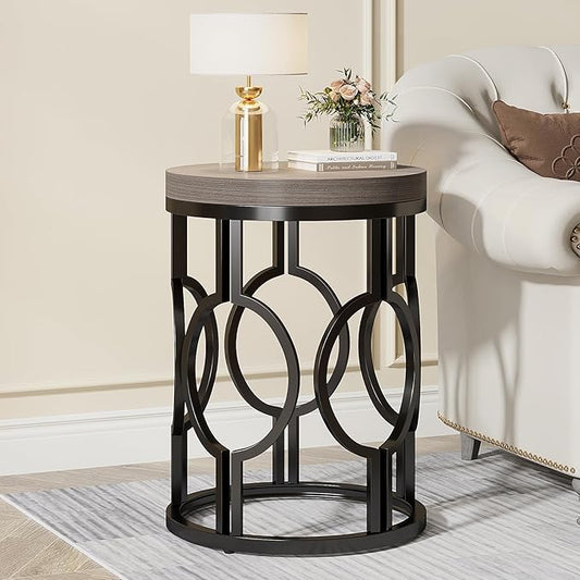 Tribesigns Round End Table, Industrial Side Table with Metal Hollow Frame, Small Bedside Table Nightstand for Living Room, Bedroom, Easy Assembly (Grey,1PC)