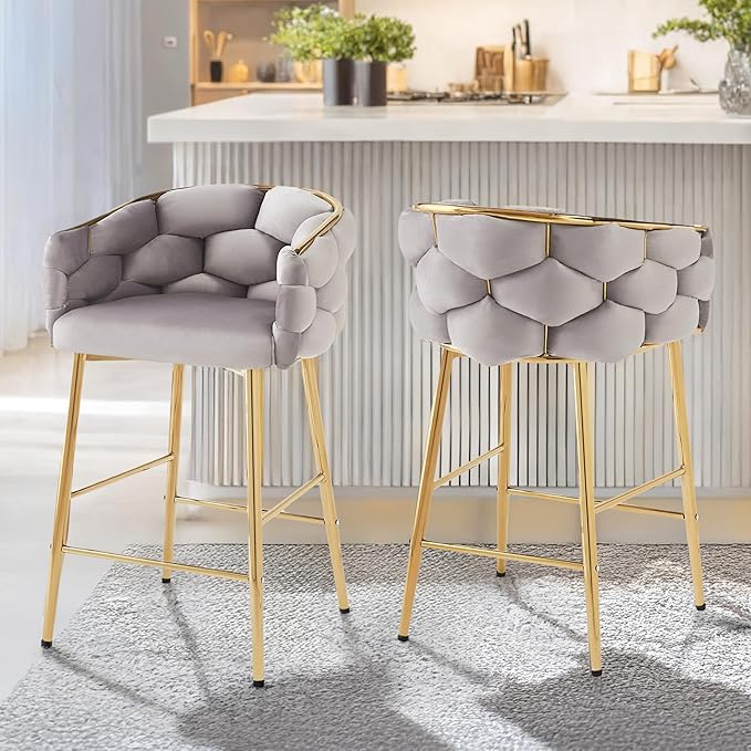 Christopher Knight Home Barrel Counter Stools,Velvet Counter Height Barstools, Modern Luxury Makeup Stool Upholstered Chairs with Gold Legs(Set of 2),Gray