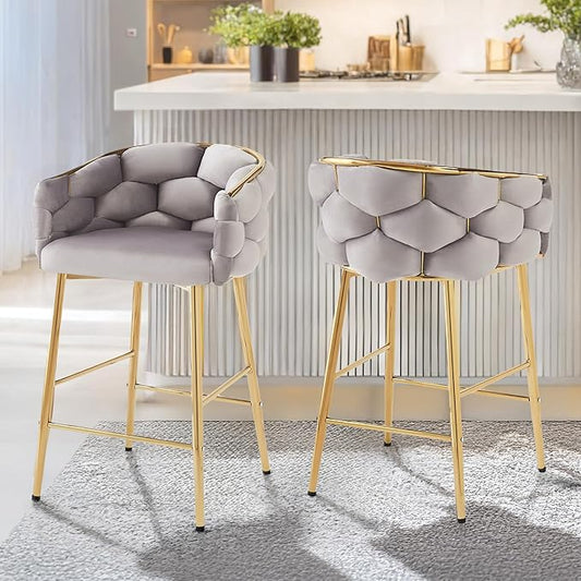 Christopher Knight Home Barrel Counter Stools,Velvet Counter Height Barstools, Modern Luxury Makeup Stool Upholstered Chairs with Gold Legs(Set of 2),Gray