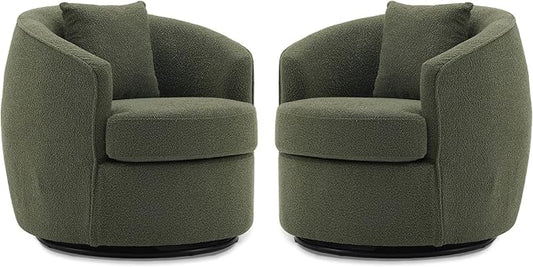 Swivel Accent Chair Set of 2, Modern Upholstered Boucle Barrel Arm Chairs with Pillow for Living Room, 360 Degree Round Swivel Sherpa Armchair with Round Base for Bedroom Club (2, Green)