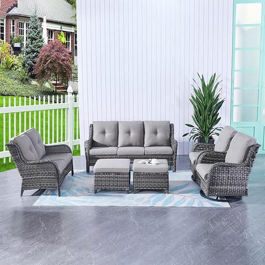 HUMMUH 6 Piece Patio Furniture Set PE Wicker Rattan 3-Seat Outdoor Sectional Sofa with Love Seats,Patio Swivel Chairs,Ottomans Conversation Sets for Garden, Poolside, Backyard