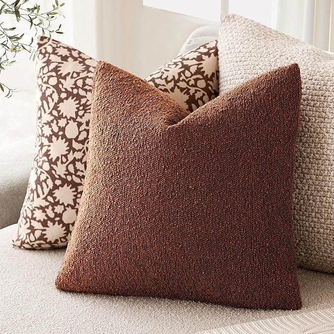 Foindtower Pack of 2, Decorative Textured Boucle Throw Pillow Covers Modern Accent Solid Pillow Cases Cozy Soft Couch Cushion Case for Chair Sofa Bedroom Living Room Home Decor 22x22 Inch Red Taupe