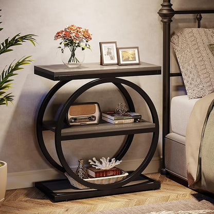 Tribesigns End Table Set of 2, Narrow End Table with 3 Storage Shelves, Wooden Side Table with Metal Frame, Small Sofa Side Table for Living Room, Grey Nightstand and Bedside Table for Bedroom