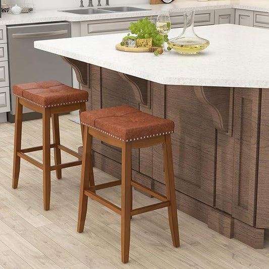 COSTWAY Saddle Bar Stools Set of 4, 29-Inch Bar Height Barstools w/PU Leather Seat, Solid Rubber Wood Frame, Footrest, Mid-Century Backless Bar Stools for Kitchen Island Home Bar