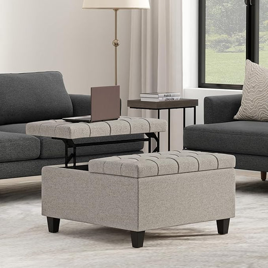 SIMPLIHOME Harrison 30 inch Wide Transitional Square Small Coffee Table Storage Ottoman in Cloud Grey , Assembled, For the Living Room and Bedroom