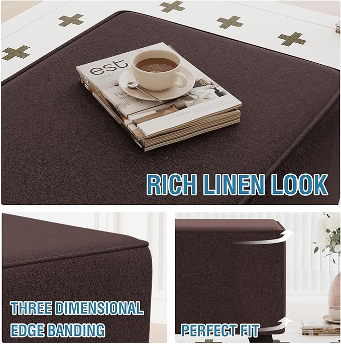 H.VERSAILTEX Soft Sturdy Linen Look Ottoman Cover Rectangle Fit Length 33"-34" Footrest Ottoman Slipcovers for Foot Stool & Folding Storage Furniture with Nonslip Elastic Bottom - Heather Chocolate